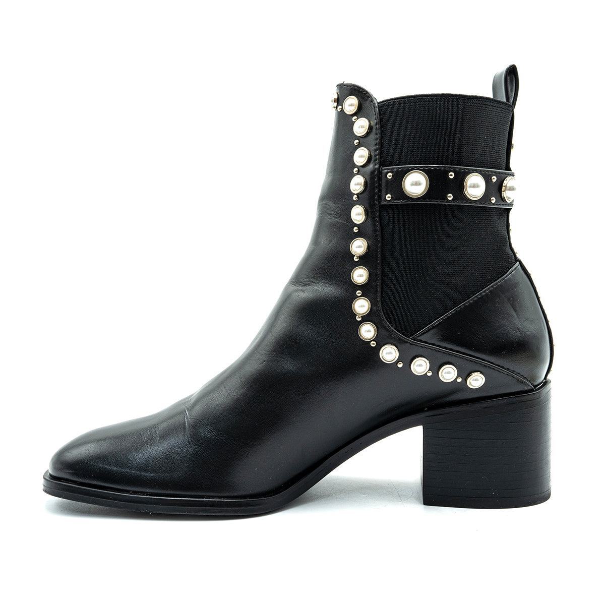 Zara Pearl Studded Heel Ankle Boots Leather Black Colour For Women